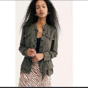 Free People Emilia Victorian Lace Ruffle Military Green Jacket NWT